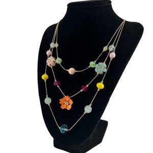 Gold Tone Multi Strand Beaded Necklace Enamel Flower Beads Rhinestones 17-20"